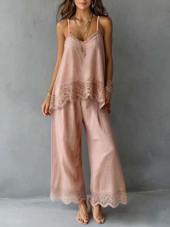 MODA ME COUTURE Tops - Pink Casual Women's Woven Top & Pants Two Piece Set